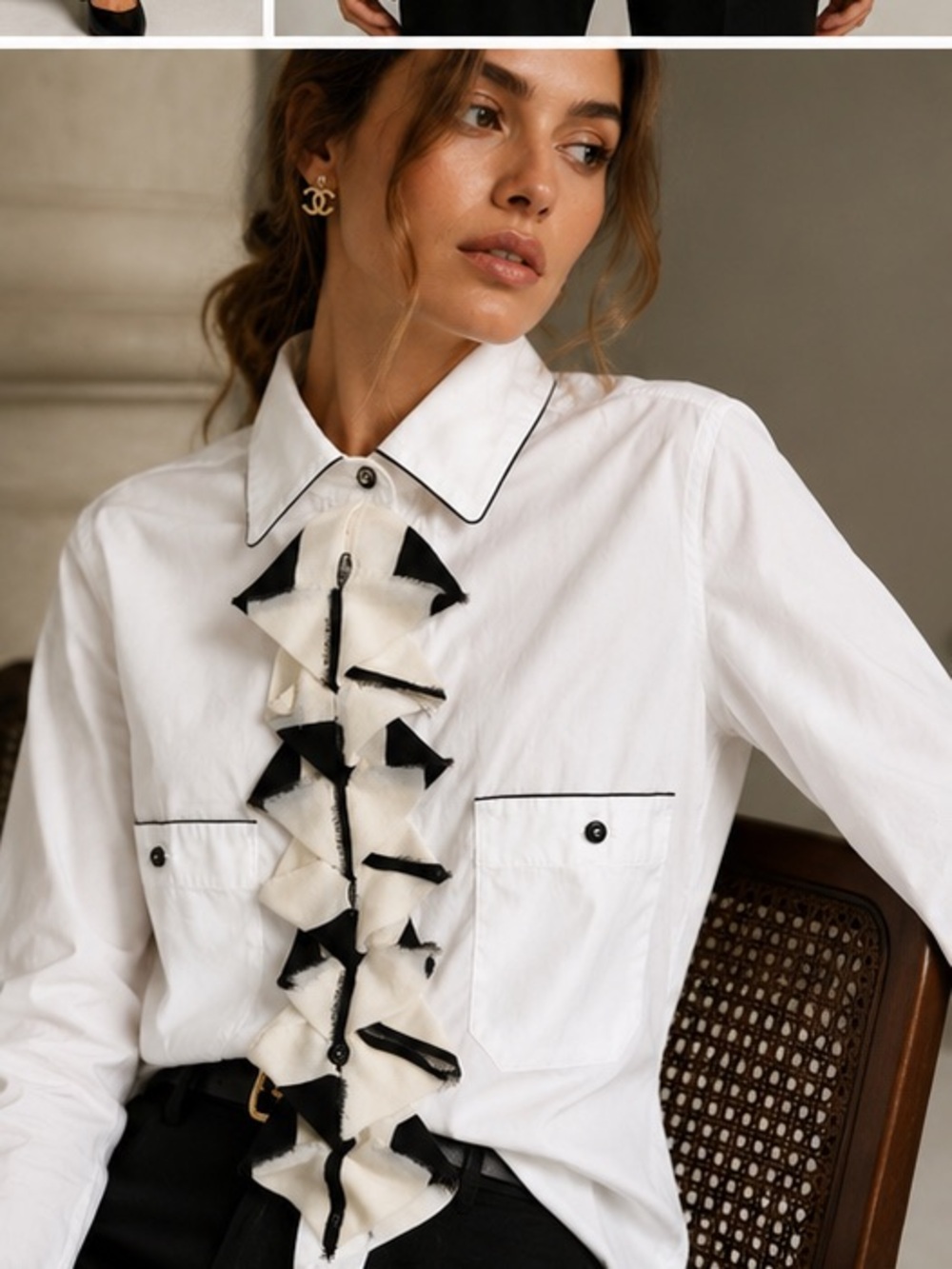 CHANEL by Karl Lagerfeld 2008 Black & White Ruffle Jabot Cotton Blouse - Picture 3 of 7